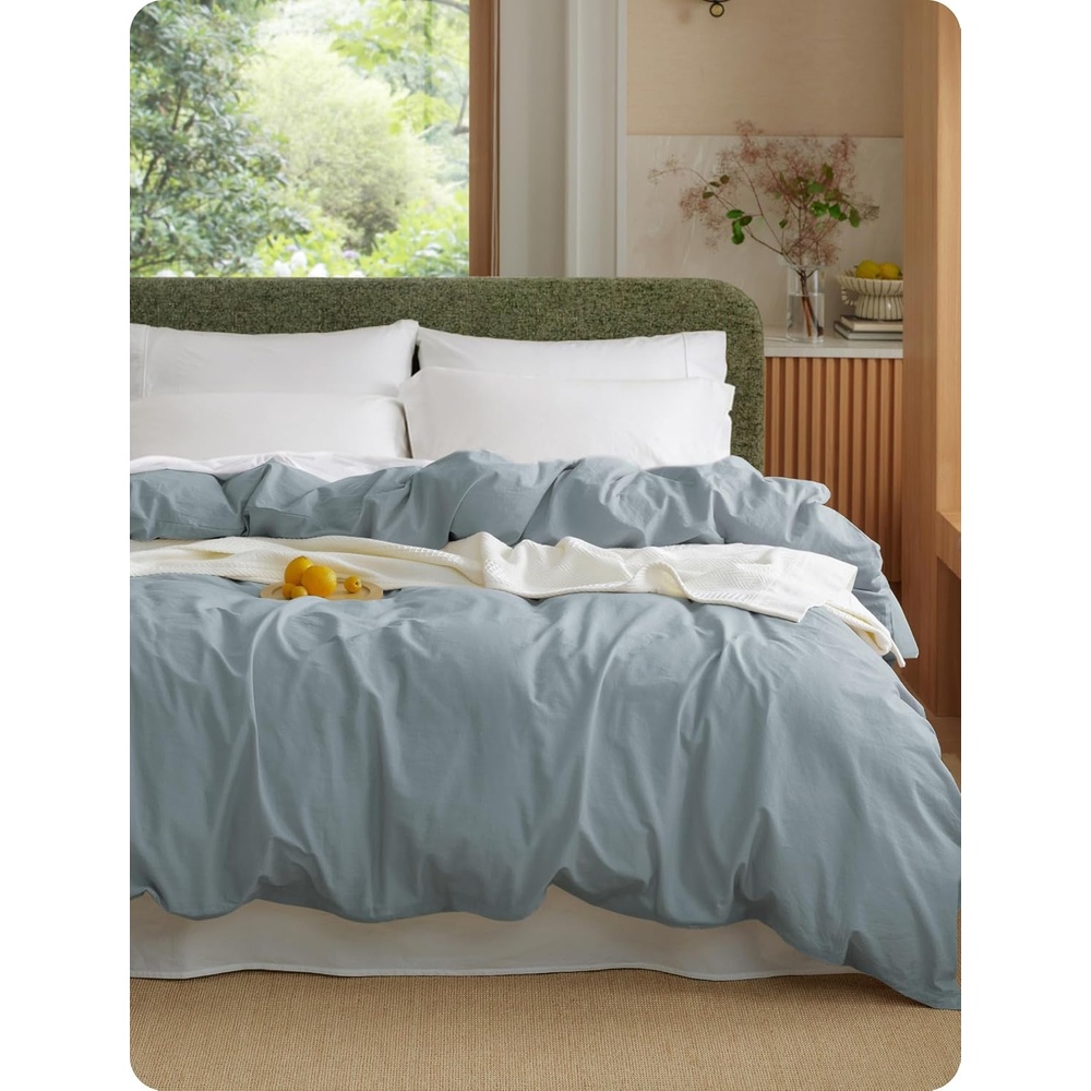 image:imageBedsure PureWoven 100 Washed Cotton Duvet Cover Only QueenFrosted Almond Linen Like Textured Minimalist Bedding Plain Soft for All Seasons Zipper Closure 8 Corner Ties Good Housekeeping Seal05 Dusty Blue Duvet Cover Only