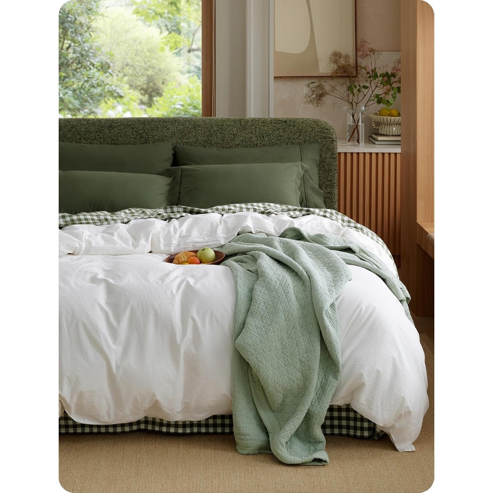 image:imageBedsure PureWoven 100 Washed Cotton Duvet Cover Only QueenFrosted Almond Linen Like Textured Minimalist Bedding Plain Soft for All Seasons Zipper Closure 8 Corner Ties Good Housekeeping Seal01 Natural White Duvet Cover Only