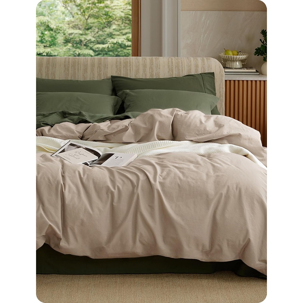 image:imageBedsure PureWoven 100 Washed Cotton Duvet Cover Only QueenFrosted Almond Linen Like Textured Minimalist Bedding Plain Soft for All Seasons Zipper Closure 8 Corner Ties Good Housekeeping Seal03 Frosted Almond Duvet Cover Only