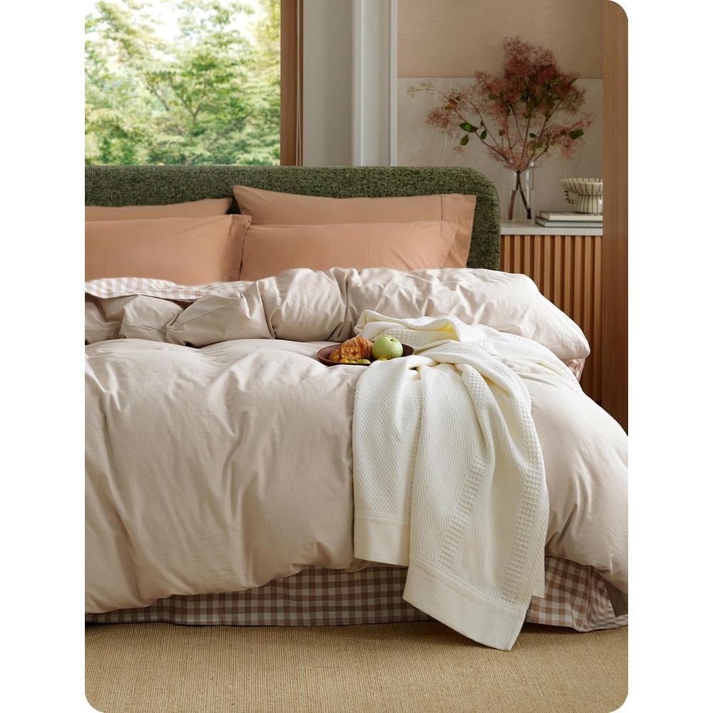 image:imageBedsure PureWoven 100 Washed Cotton Duvet Cover Only QueenFrosted Almond Linen Like Textured Minimalist Bedding Plain Soft for All Seasons Zipper Closure 8 Corner Ties Good Housekeeping Seal02 Oatmeal Duvet Cover Only