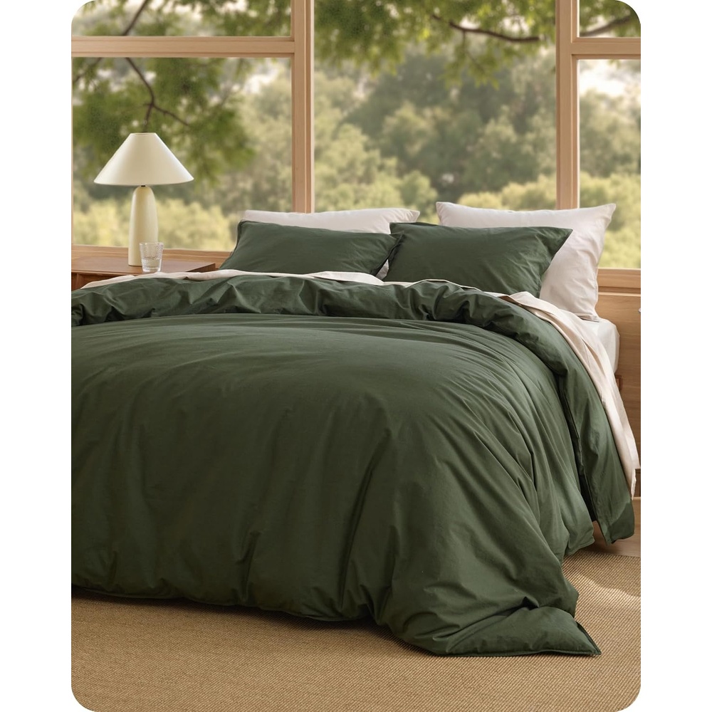 image:imageBedsure PureWoven 100 Washed Cotton Duvet Cover Set Queen Size 3PC  Linen Like Texture Percale Breathable Bedding Set for All Seasons Zipper Closure 8 Corner Ties Natural White 90 X 9036  Slub Olive Green No Comforter
