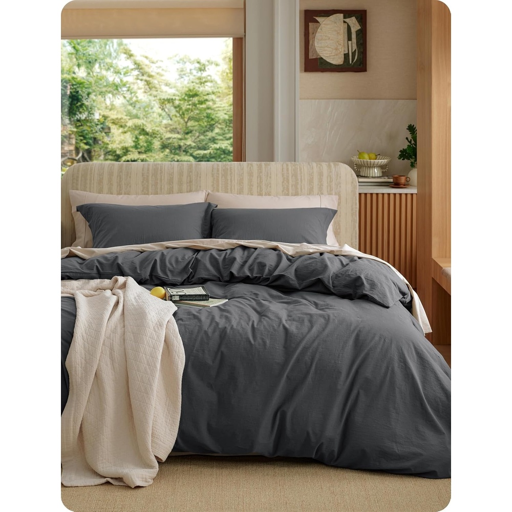image:imageBedsure PureWoven 100 Washed Cotton Duvet Cover Set Queen Size 3PC Linen Like Texture Percale Breathable Bedding Set for All Seasons Zipper Closure 8 Corner Ties Natural White 90 X 9020 Charcoal No Comforter