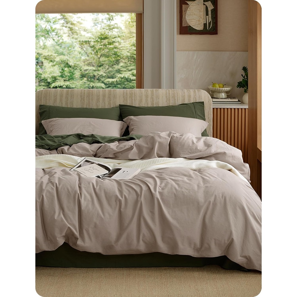 image:imageBedsure PureWoven 100 Washed Cotton Duvet Cover Set Queen Size 3PC Linen Like Texture Percale Breathable Bedding Set for All Seasons Zipper Closure 8 Corner Ties Natural White 90 X 9005 Tannish Linen Grey No Comforter