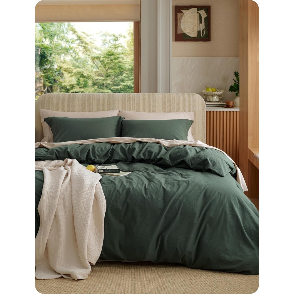 image:imageBedsure PureWoven 100 Washed Cotton Duvet Cover Set Queen Size 3PC Linen Like Texture Percale Breathable Bedding Set for All Seasons Zipper Closure 8 Corner Ties Natural White 90 X 9012 Forest Green No Comforter