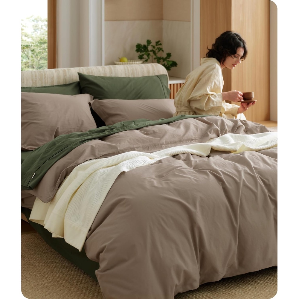 image:imageBedsure PureWoven 100 Washed Cotton Duvet Cover Set Queen Size 3PC Linen Like Texture Percale Breathable Bedding Set for All Seasons Zipper Closure 8 Corner Ties Natural White 90 X 9006 Light Brown No Comforter