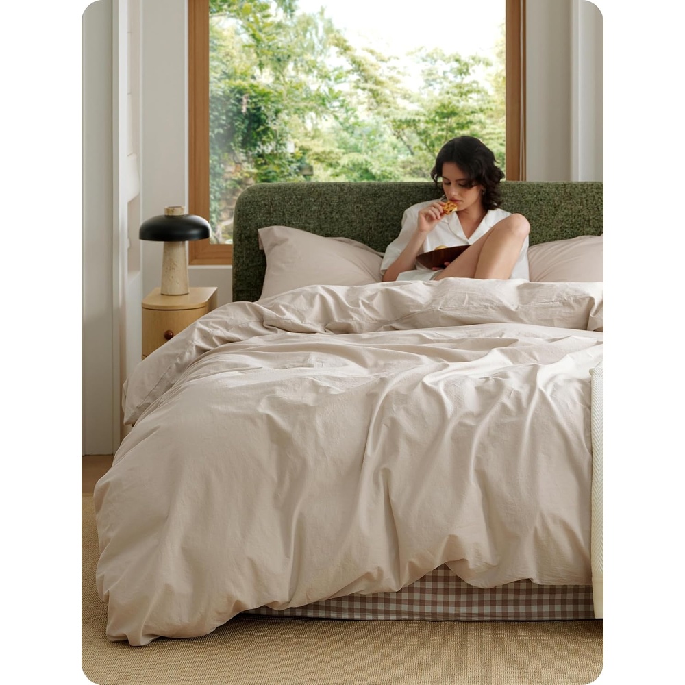 image:imageBedsure PureWoven 100 Washed Cotton Duvet Cover Set Queen Size 3PC Linen Like Texture Percale Breathable Bedding Set for All Seasons Zipper Closure 8 Corner Ties Natural White 90 X 9002 Oatmeal No Comforter
