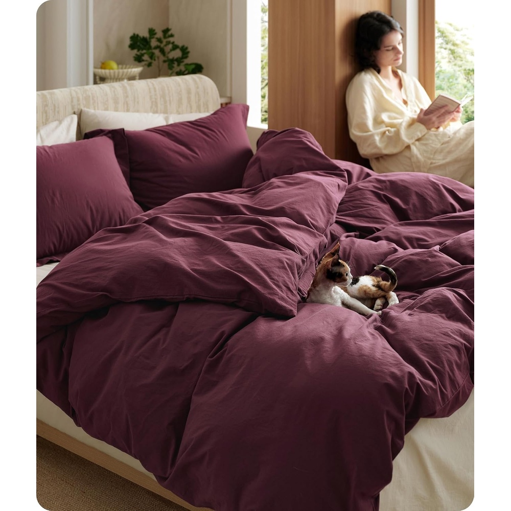 image:imageBedsure PureWoven 100 Washed Cotton Duvet Cover Set Queen Size 3PC Linen Like Texture Percale Breathable Bedding Set for All Seasons Zipper Closure 8 Corner Ties Natural White 90 X 9022 Burgundy No Comforter