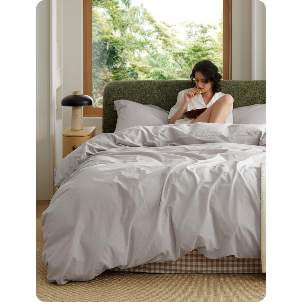 image:imageBedsure PureWoven 100 Washed Cotton Duvet Cover Set Queen Size 3PC Linen Like Texture Percale Breathable Bedding Set for All Seasons Zipper Closure 8 Corner Ties Natural White 90 X 9018 Light Grey No Comforter