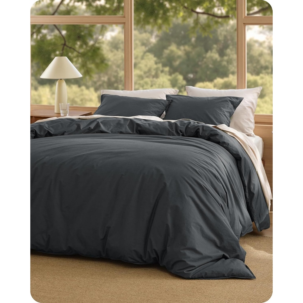 image:imageBedsure PureWoven 100 Washed Cotton Duvet Cover Set Queen Size 3PC  Linen Like Texture Percale Breathable Bedding Set for All Seasons Zipper Closure 8 Corner Ties Natural White 90 X 9037  Slub Charcoal No Comforter
