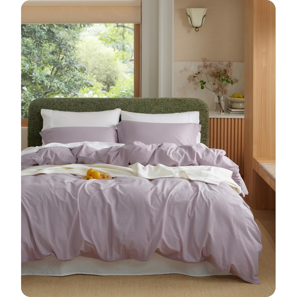 image:imageBedsure PureWoven 100 Washed Cotton Duvet Cover Set Queen Size 3PC Linen Like Texture Percale Breathable Bedding Set for All Seasons Zipper Closure 8 Corner Ties Natural White 90 X 9016 Lavender No Comforter