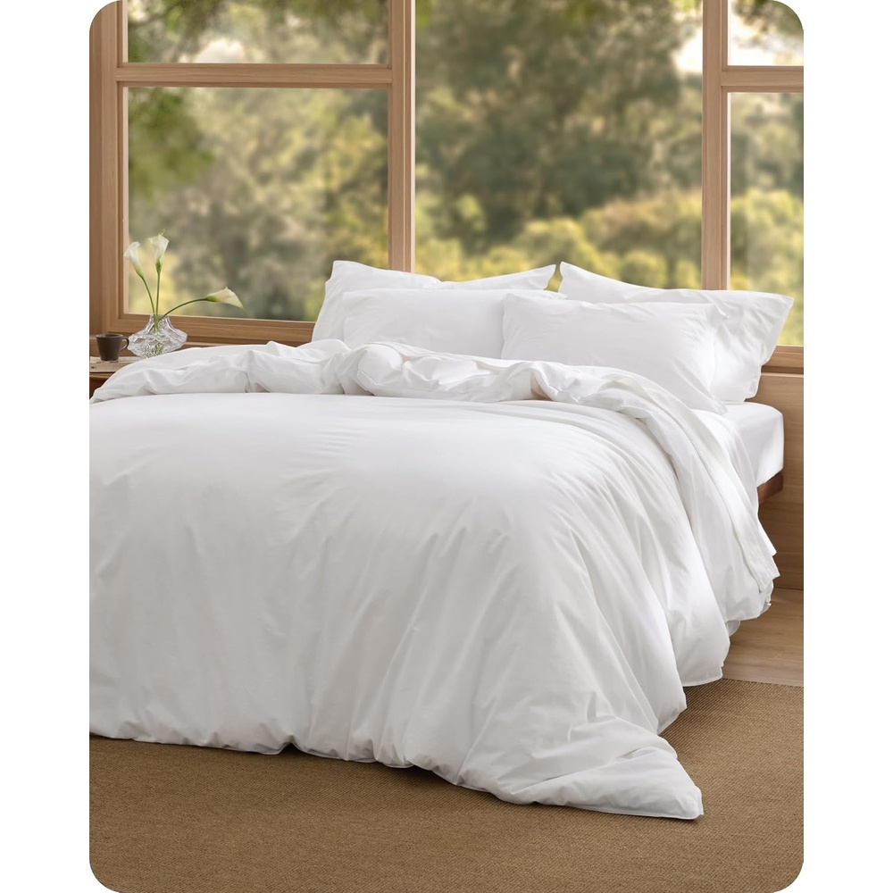 image:imageBedsure PureWoven 100 Washed Cotton Duvet Cover Set Queen Size 3PC Linen Like Texture Percale Breathable Bedding Set for All Seasons Zipper Closure 8 Corner Ties Natural White 90 X 9031 Slub Bright White No Comforter