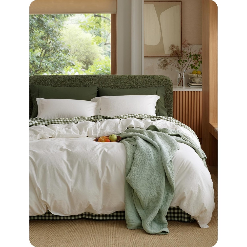 image:imageBedsure PureWoven 100 Washed Cotton Duvet Cover Set Queen Size 3PC Linen Like Texture Percale Breathable Bedding Set for All Seasons Zipper Closure 8 Corner Ties Natural White 90 X 9008 Ivory No Comforter