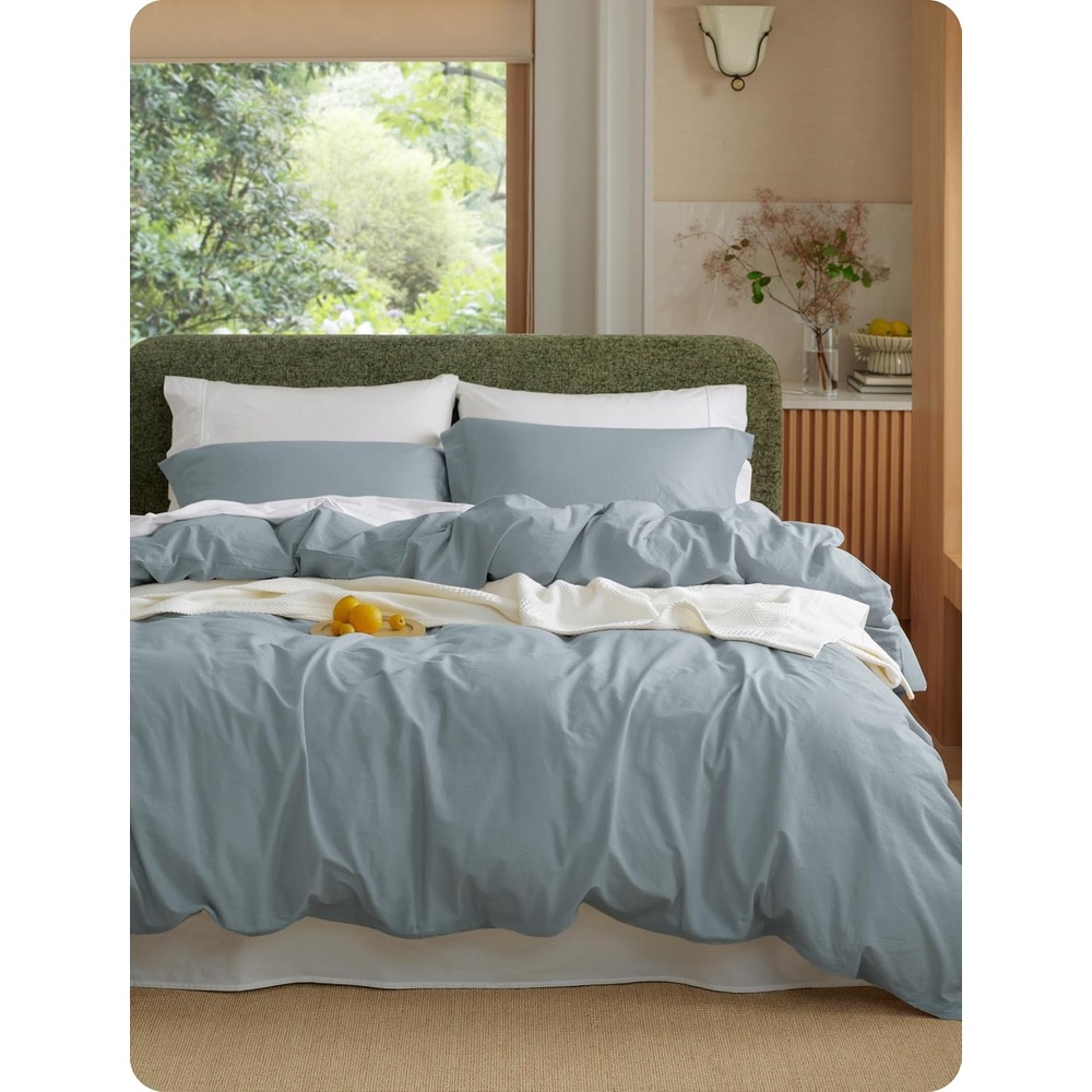 image:imageBedsure PureWoven 100 Washed Cotton Duvet Cover Set Queen Size 3PC Linen Like Texture Percale Breathable Bedding Set for All Seasons Zipper Closure 8 Corner Ties Natural White 90 X 9022 Dusty Blue No Comforter