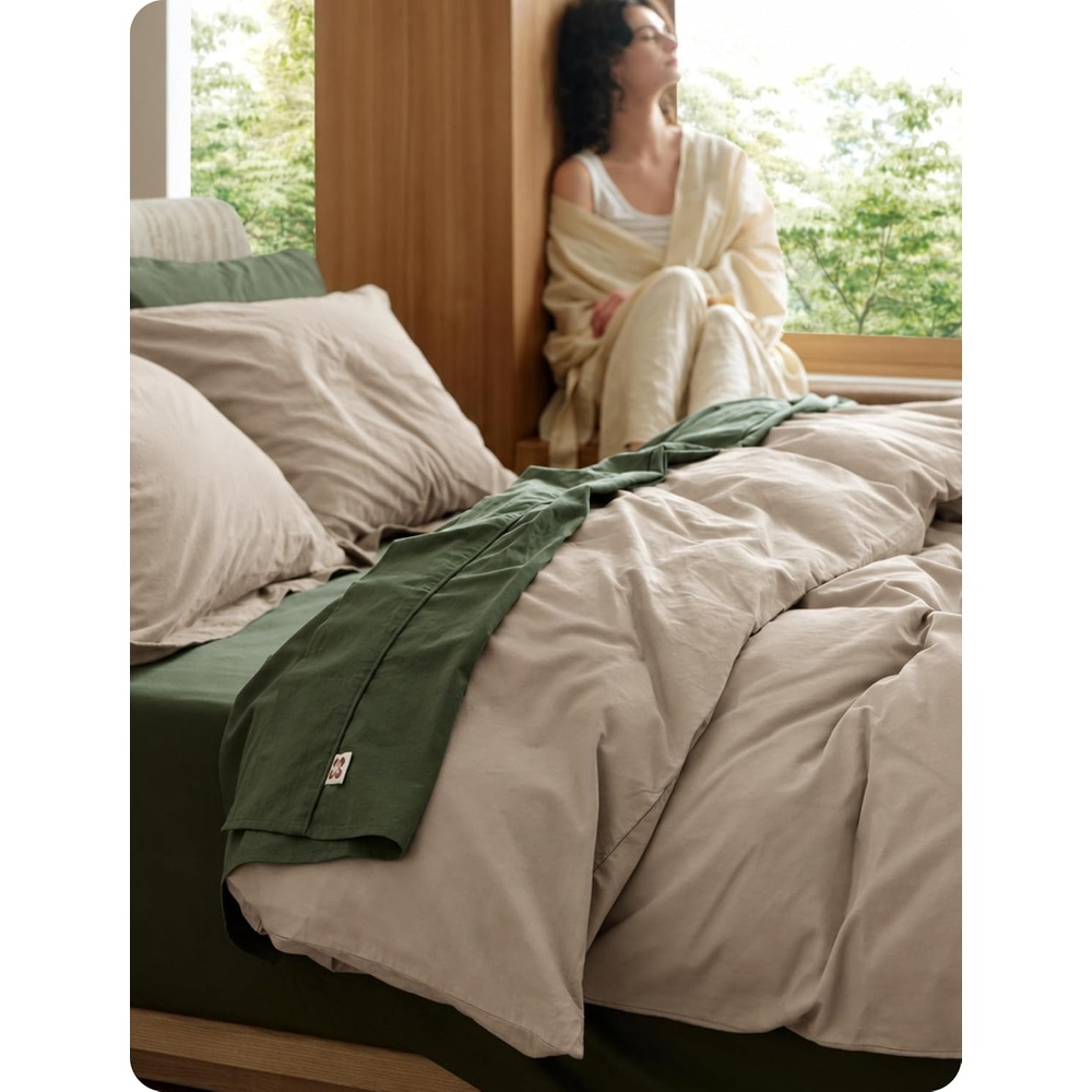 image:imageBedsure PureWoven 100 Washed Cotton Duvet Cover Set Queen Size 3PC Linen Like Texture Percale Breathable Bedding Set for All Seasons Zipper Closure 8 Corner Ties Natural White 90 X 9003 Frosted Almond No Comforter