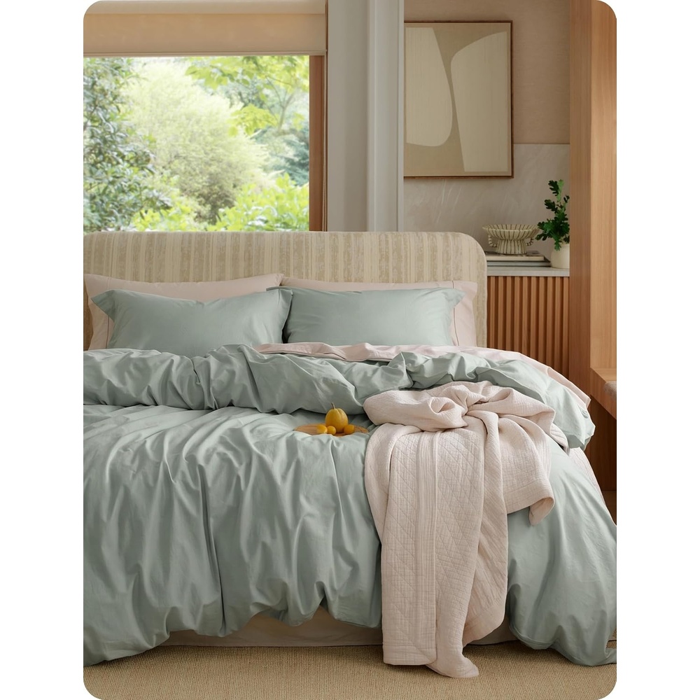 image:imageBedsure PureWoven 100 Washed Cotton Duvet Cover Set Queen Size 3PC Linen Like Texture Percale Breathable Bedding Set for All Seasons Zipper Closure 8 Corner Ties Natural White 90 X 9009 Sage Green No Comforter