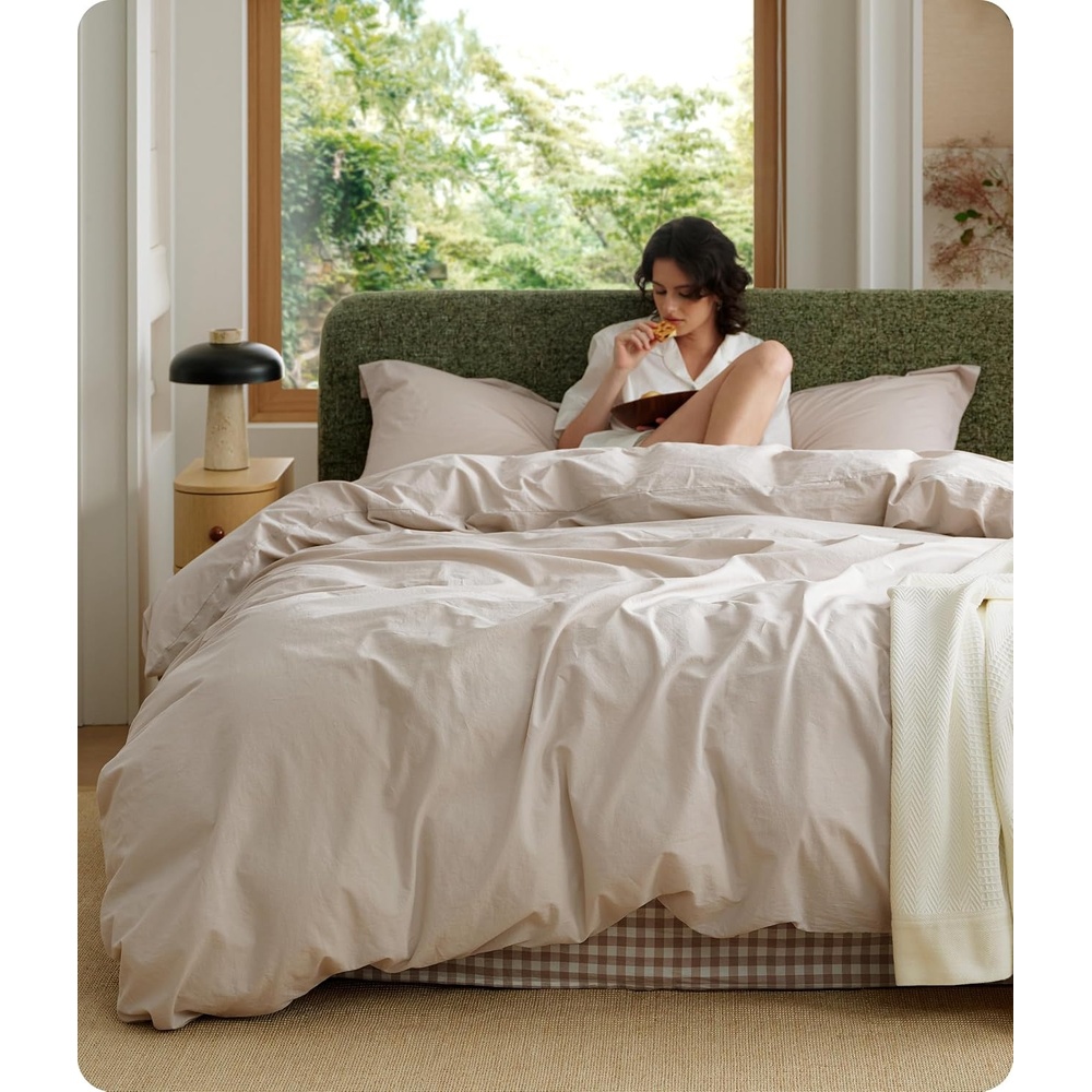 image:imageBedsure PureWoven 100 Washed Cotton Duvet Cover Set Queen Size 3PC Linen Like Texture Percale Breathable Bedding Set for All Seasons Zipper Closure 8 Corner Ties Natural White 90 X 9025 Linen Color No Comforter