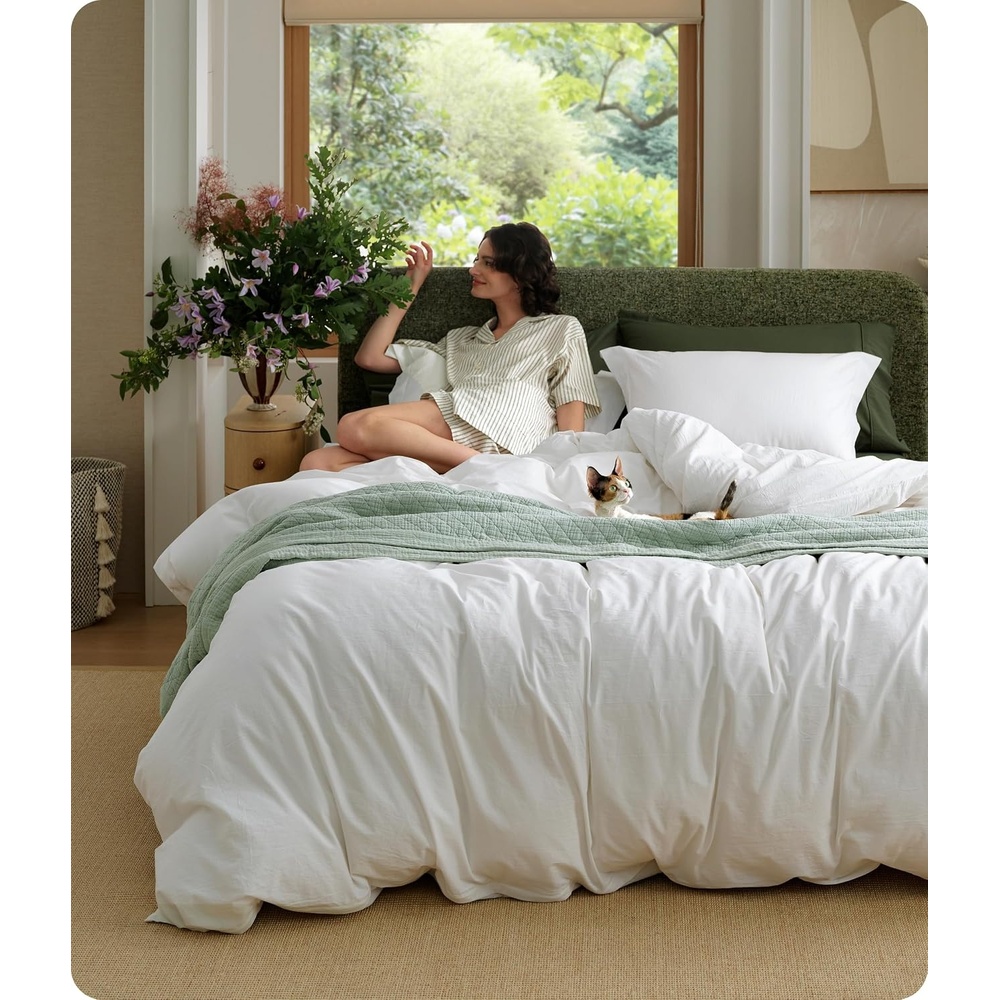 image:imageBedsure PureWoven 100 Washed Cotton Duvet Cover Set Queen Size 3PC Linen Like Texture Percale Breathable Bedding Set for All Seasons Zipper Closure 8 Corner Ties Natural White 90 X 9001 Natural White No Comforter