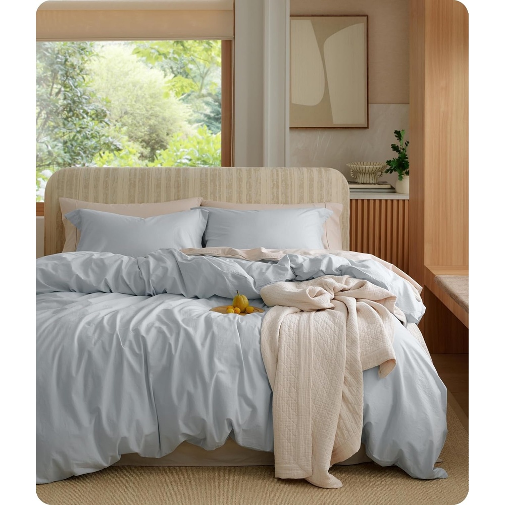 image:imageBedsure PureWoven 100 Washed Cotton Duvet Cover Set Queen Size 3PC Linen Like Texture Percale Breathable Bedding Set for All Seasons Zipper Closure 8 Corner Ties Natural White 90 X 9013 Pastel Blue No Comforter