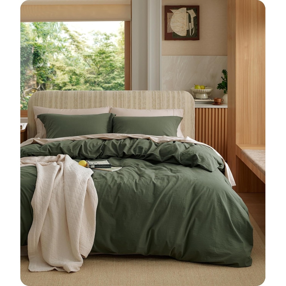 image:imageBedsure PureWoven 100 Washed Cotton Duvet Cover Set Queen Size 3PC Linen Like Texture Percale Breathable Bedding Set for All Seasons Zipper Closure 8 Corner Ties Natural White 90 X 9011 Olive Green No Comforter