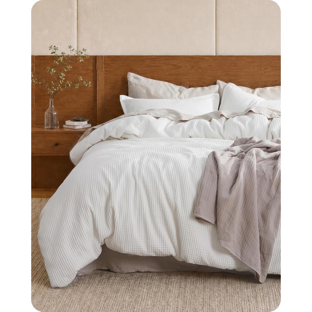 image:imageBedsure PureWoven 3 Pieces 100 Cotton Waffle Duvet Cover Set Queen White Waffle Weave Texture Soft SkinFriendly Breathable AllSeason Machine Washable Home Decor Gift Good Housekeeping Seal01 Coconut White No Comforter