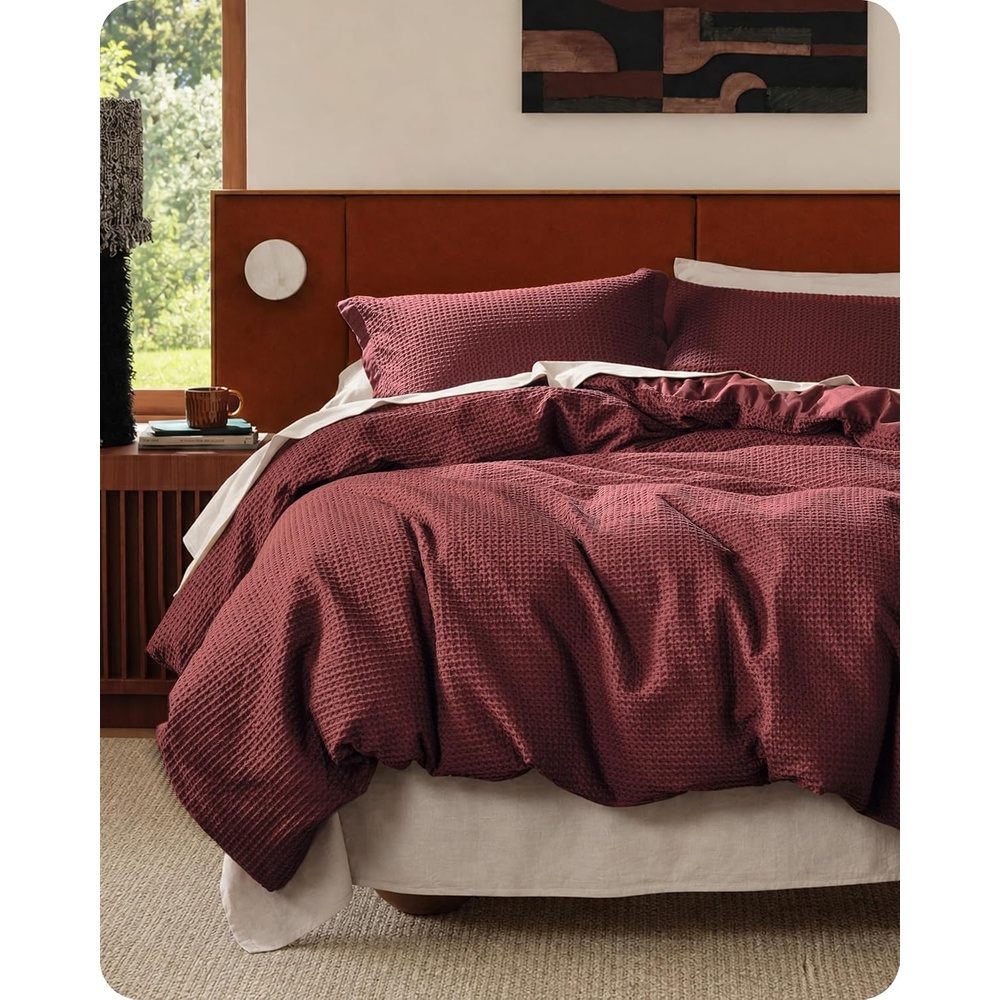 image:imageBedsure PureWoven 3 Pieces 100 Cotton Waffle Duvet Cover Set Queen White Waffle Weave Texture Soft SkinFriendly Breathable AllSeason Machine Washable Home Decor Gift Good Housekeeping Seal08 Maroon Red No Comforter