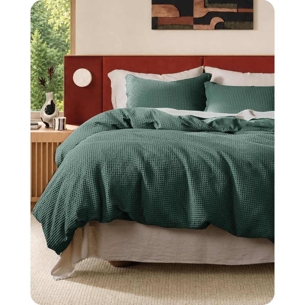 image:imageBedsure PureWoven 3 Pieces 100 Cotton Waffle Duvet Cover Set Queen White Waffle Weave Texture Soft SkinFriendly Breathable AllSeason Machine Washable Home Decor Gift Good Housekeeping Seal13 Forest Green No Comforter