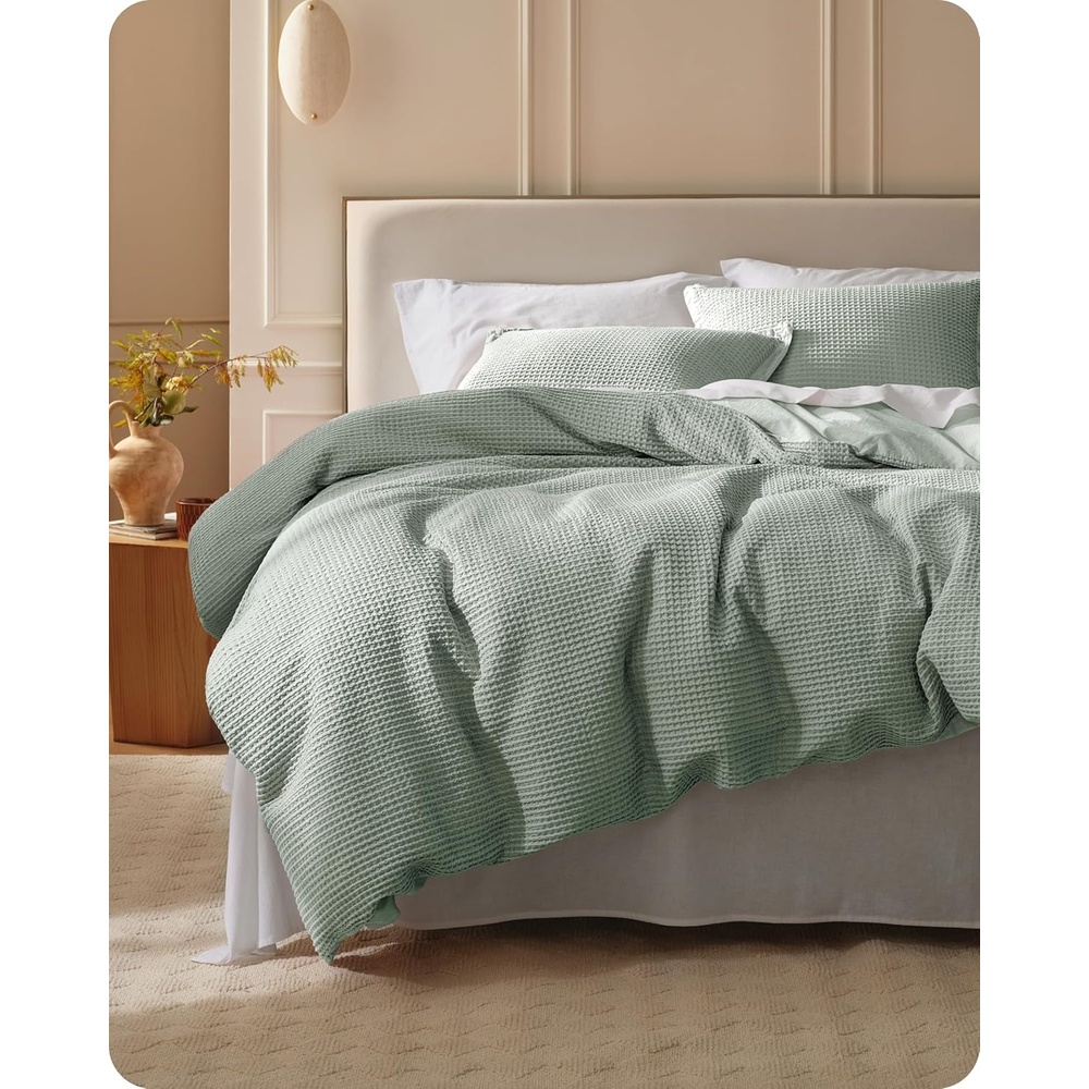 image:imageBedsure PureWoven 3 Pieces 100 Cotton Waffle Duvet Cover Set Queen White Waffle Weave Texture Soft SkinFriendly Breathable AllSeason Machine Washable Home Decor Gift Good Housekeeping Seal11 Sage Green No Comforter