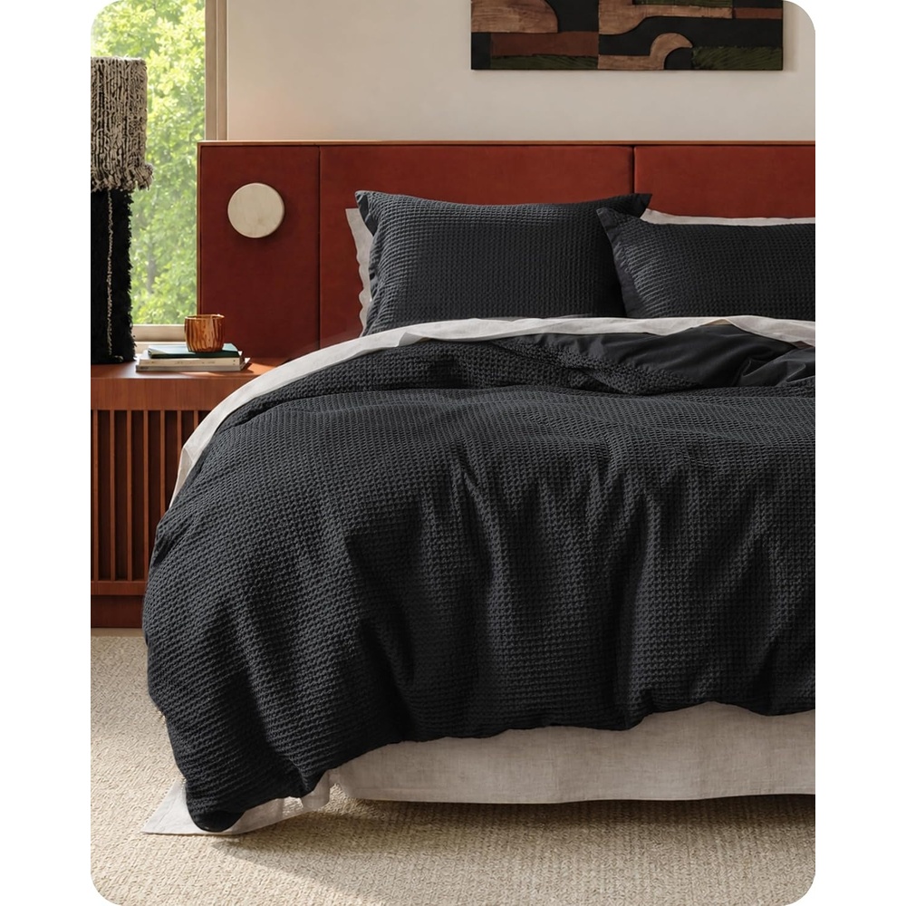 image:imageBedsure PureWoven 3 Pieces 100 Cotton Waffle Duvet Cover Set Queen White Waffle Weave Texture Soft SkinFriendly Breathable AllSeason Machine Washable Home Decor Gift Good Housekeeping Seal19 Black No Comforter