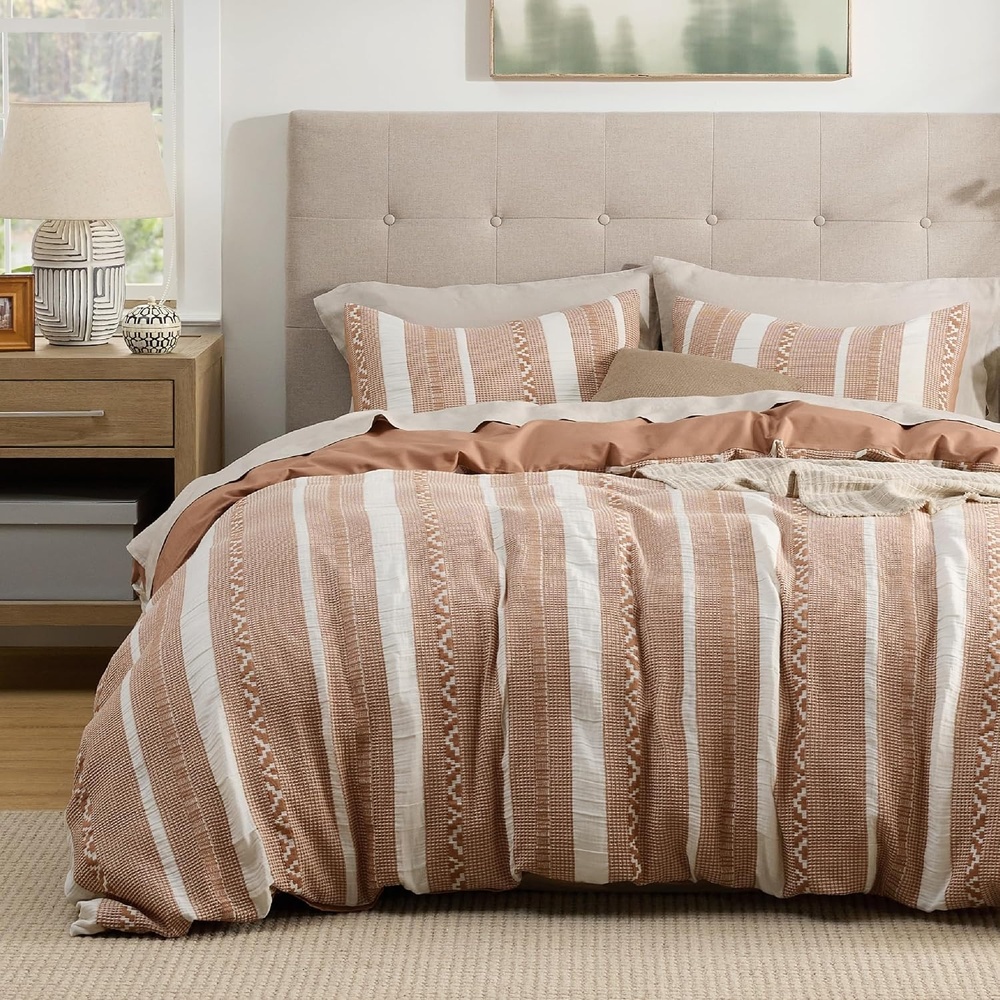 image:imageBedsure PureWoven 3 Pieces 100 Cotton Waffle Duvet Cover Set Queen White Waffle Weave Texture Soft SkinFriendly Breathable AllSeason Machine Washable Home Decor Gift Good Housekeeping Seal19 Strip Terracotta No Comforter