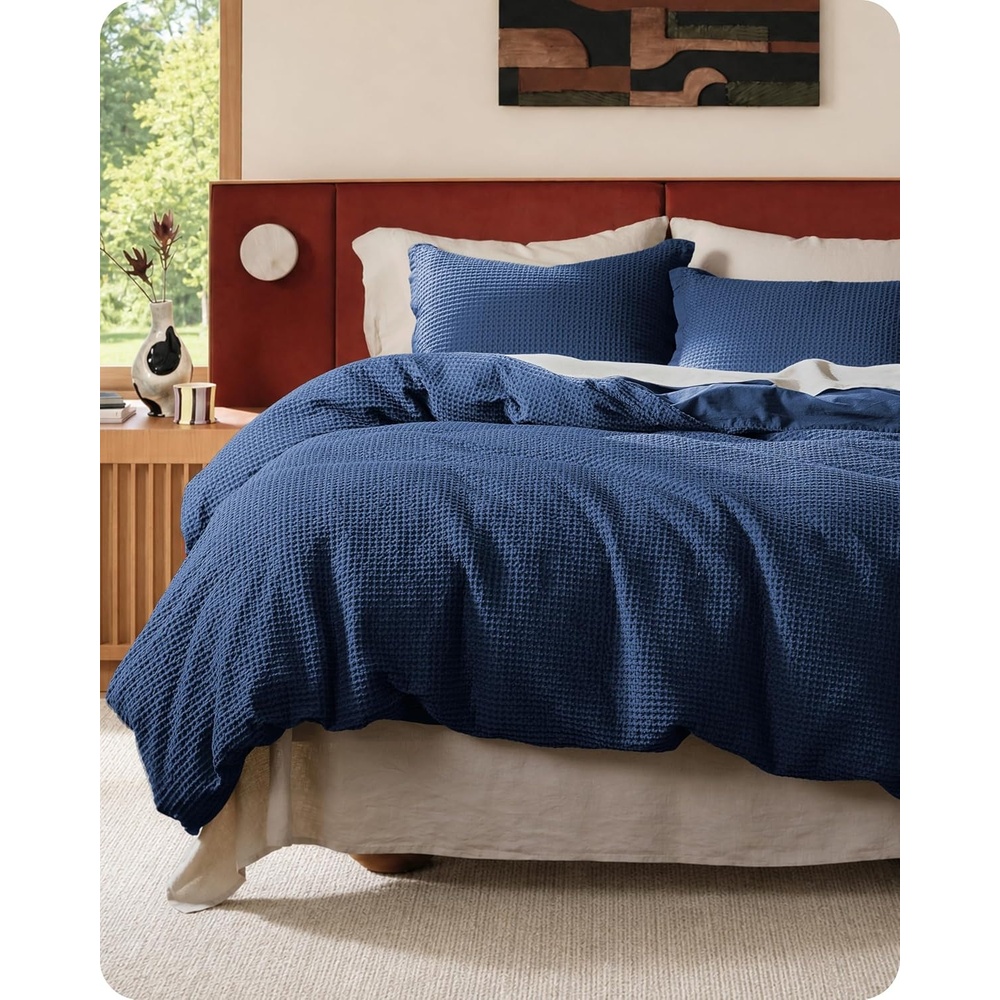 image:imageBedsure PureWoven 3 Pieces 100 Cotton Waffle Duvet Cover Set Queen White Waffle Weave Texture Soft SkinFriendly Breathable AllSeason Machine Washable Home Decor Gift Good Housekeeping Seal17 Navy No Comforter