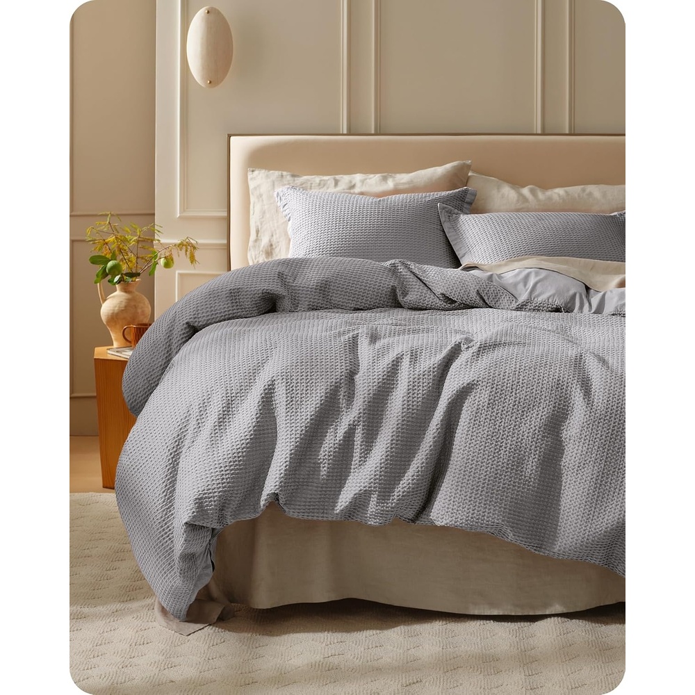 image:imageBedsure PureWoven 3 Pieces 100 Cotton Waffle Duvet Cover Set Queen White Waffle Weave Texture Soft SkinFriendly Breathable AllSeason Machine Washable Home Decor Gift Good Housekeeping Seal18 Grey No Comforter