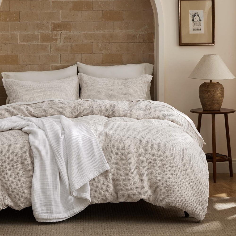 image:imageBedsure PureWoven 3 Pieces 100 Cotton Waffle Duvet Cover Set Queen White Waffle Weave Texture Soft SkinFriendly Breathable AllSeason Machine Washable Home Decor Gift Good Housekeeping Seal19 Spacedyed Linen No Comforter