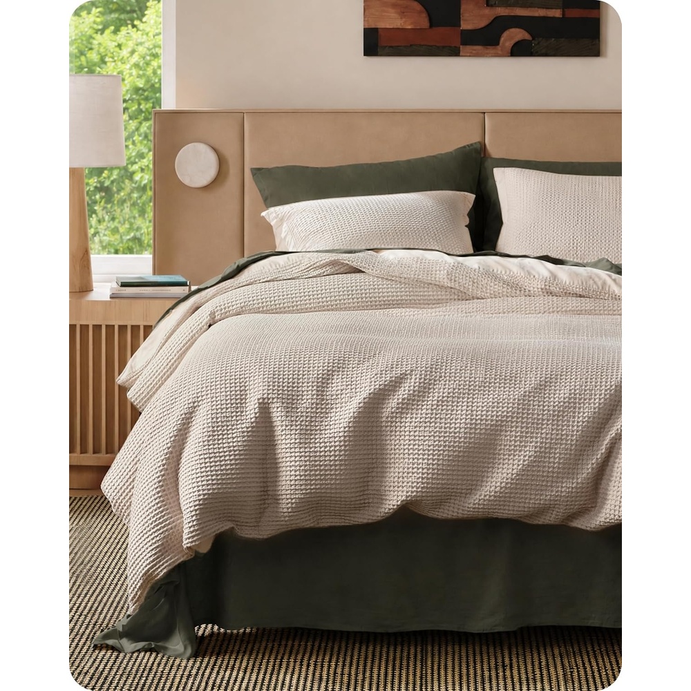image:imageBedsure PureWoven 3 Pieces 100 Cotton Waffle Duvet Cover Set Queen White  Waffle Weave Texture Soft SkinFriendly Breathable AllSeason Machine Washable Home Decor Gift Good Housekeeping Seal04  Linen No Comforter