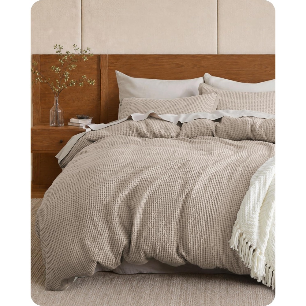 image:imageBedsure PureWoven 3 Pieces 100 Cotton Waffle Duvet Cover Set Queen White Waffle Weave Texture Soft SkinFriendly Breathable AllSeason Machine Washable Home Decor Gift Good Housekeeping Seal05 Khaki No Comforter
