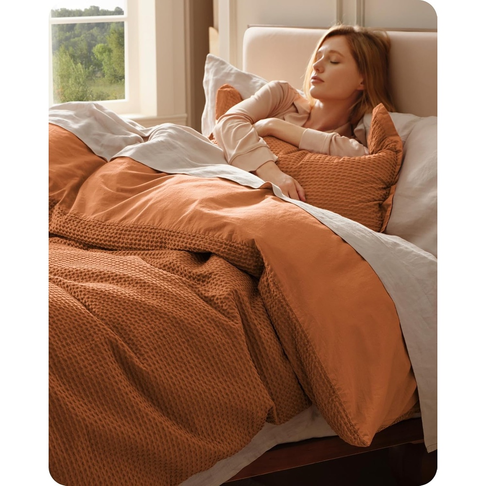 image:imageBedsure PureWoven 3 Pieces 100 Cotton Waffle Duvet Cover Set Queen White Waffle Weave Texture Soft SkinFriendly Breathable AllSeason Machine Washable Home Decor Gift Good Housekeeping Seal07 Terracotta No Comforter