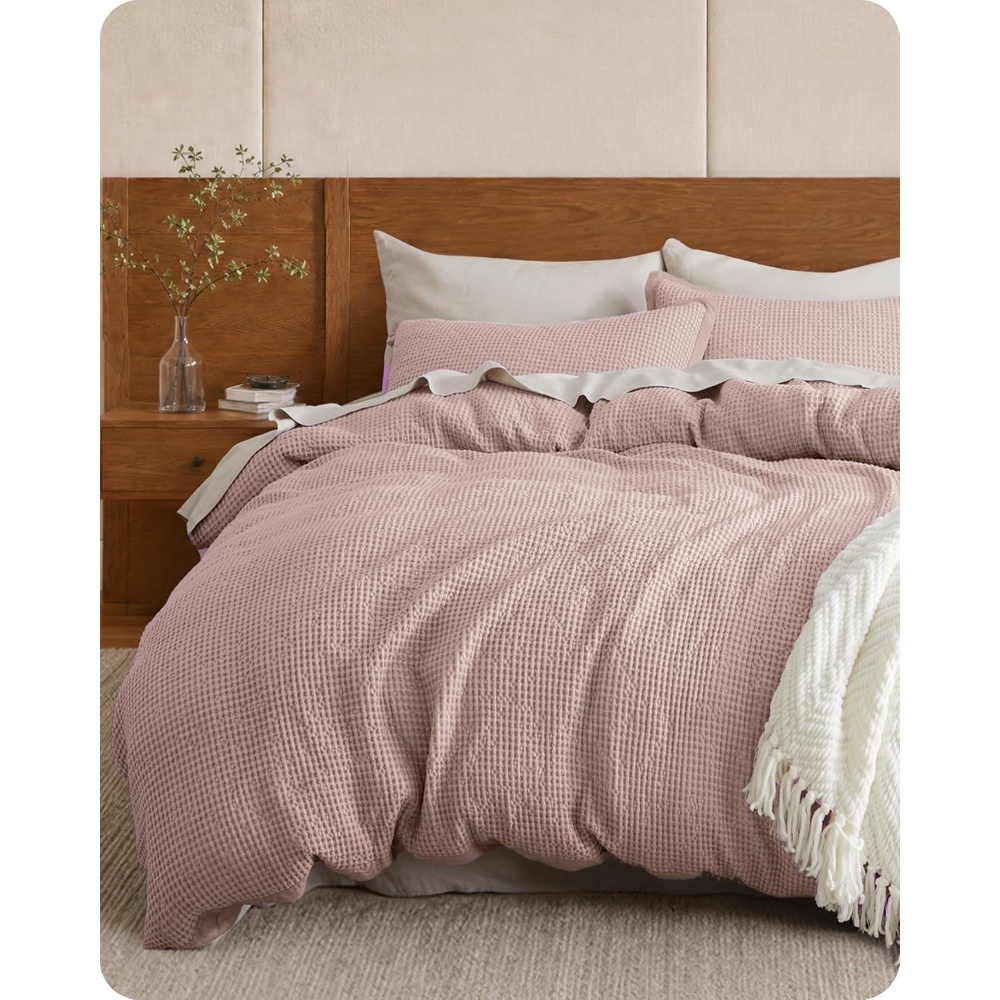 image:imageBedsure PureWoven 3 Pieces 100 Cotton Waffle Duvet Cover Set Queen White Waffle Weave Texture Soft SkinFriendly Breathable AllSeason Machine Washable Home Decor Gift Good Housekeeping Seal09 Pink No Comforter