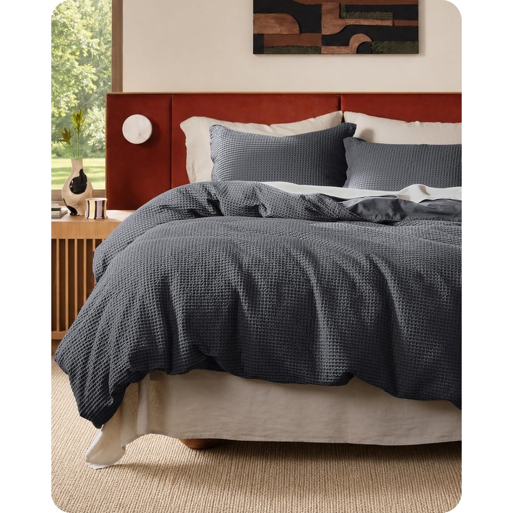 image:imageBedsure PureWoven 3 Pieces 100 Cotton Waffle Duvet Cover Set Queen White  Waffle Weave Texture Soft SkinFriendly Breathable AllSeason Machine Washable Home Decor Gift Good Housekeeping Seal19  Charcoal Black No Comforter