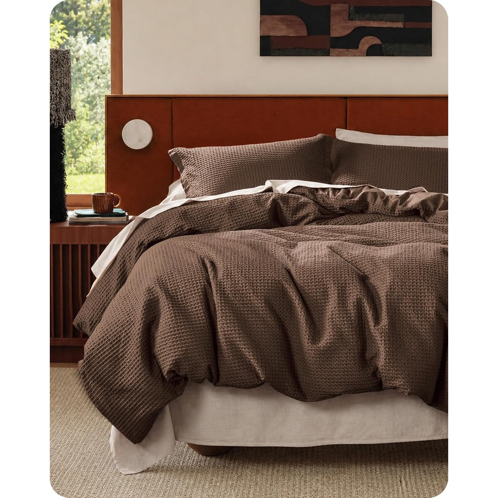 image:imageBedsure PureWoven 3 Pieces 100 Cotton Waffle Duvet Cover Set Queen White Waffle Weave Texture Soft SkinFriendly Breathable AllSeason Machine Washable Home Decor Gift Good Housekeeping Seal06 Chocolate Brown No Comforter