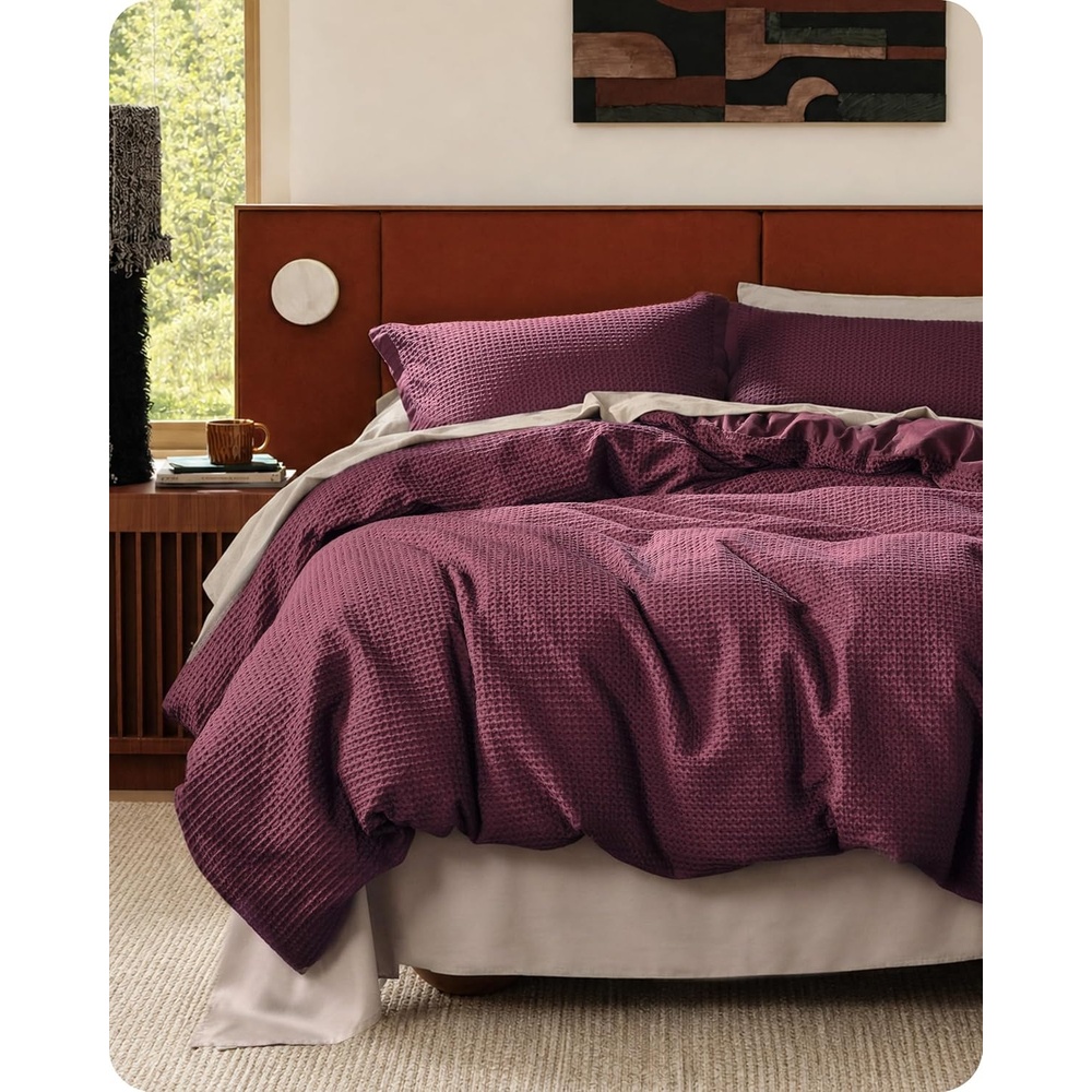 image:imageBedsure PureWoven 3 Pieces 100 Cotton Waffle Duvet Cover Set Queen White Waffle Weave Texture Soft SkinFriendly Breathable AllSeason Machine Washable Home Decor Gift Good Housekeeping Seal09 Burgundy No Comforter