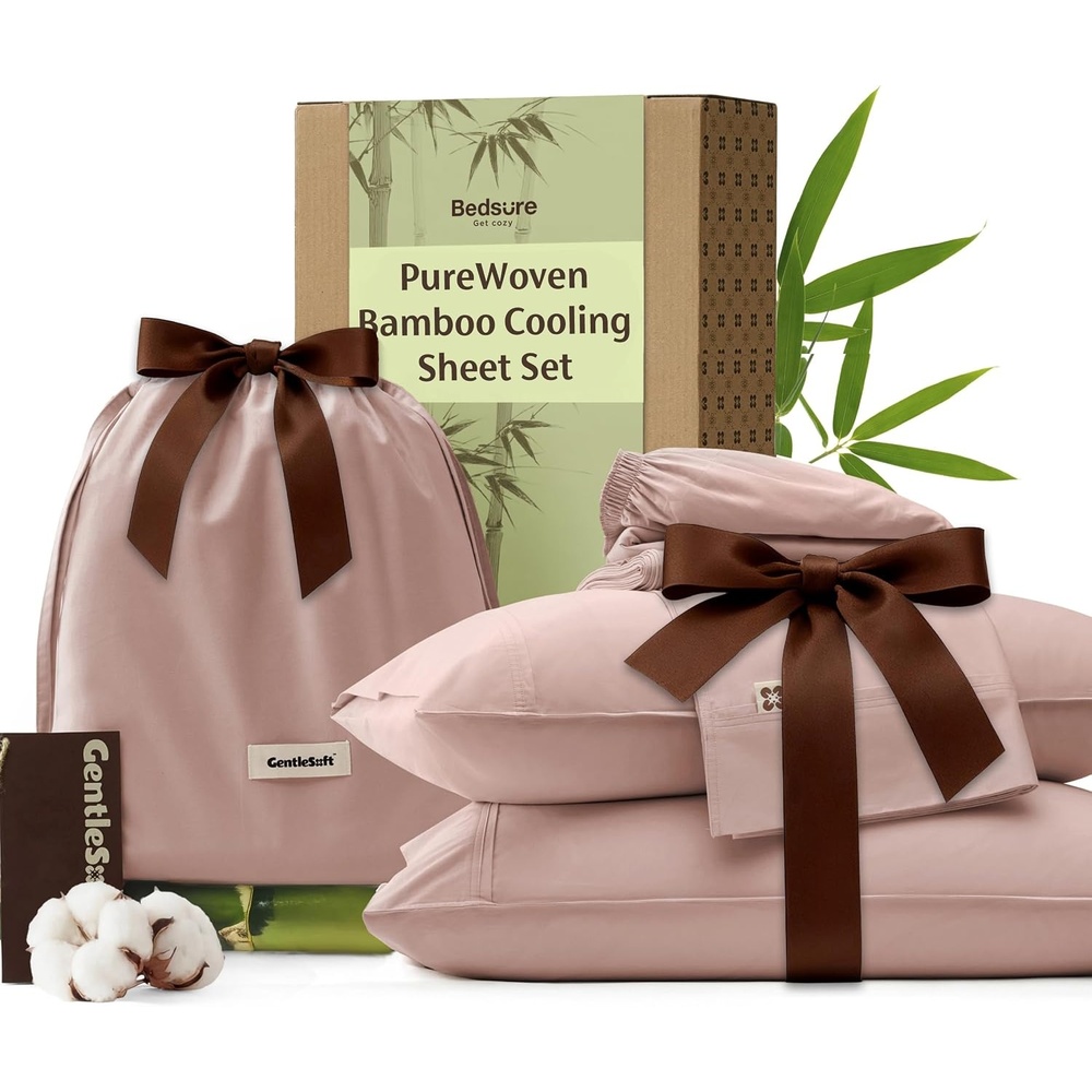 image:imageBedsure PureWoven Bamboo Viscose Cooling Sheets Queen 4 PCS Rayon Cotton Serene Blend Breathable amp Buttery Soft Deep Pocket Up to 18 Hotel Luxury Bedding for Hot Sleepers WhiteRose Pink