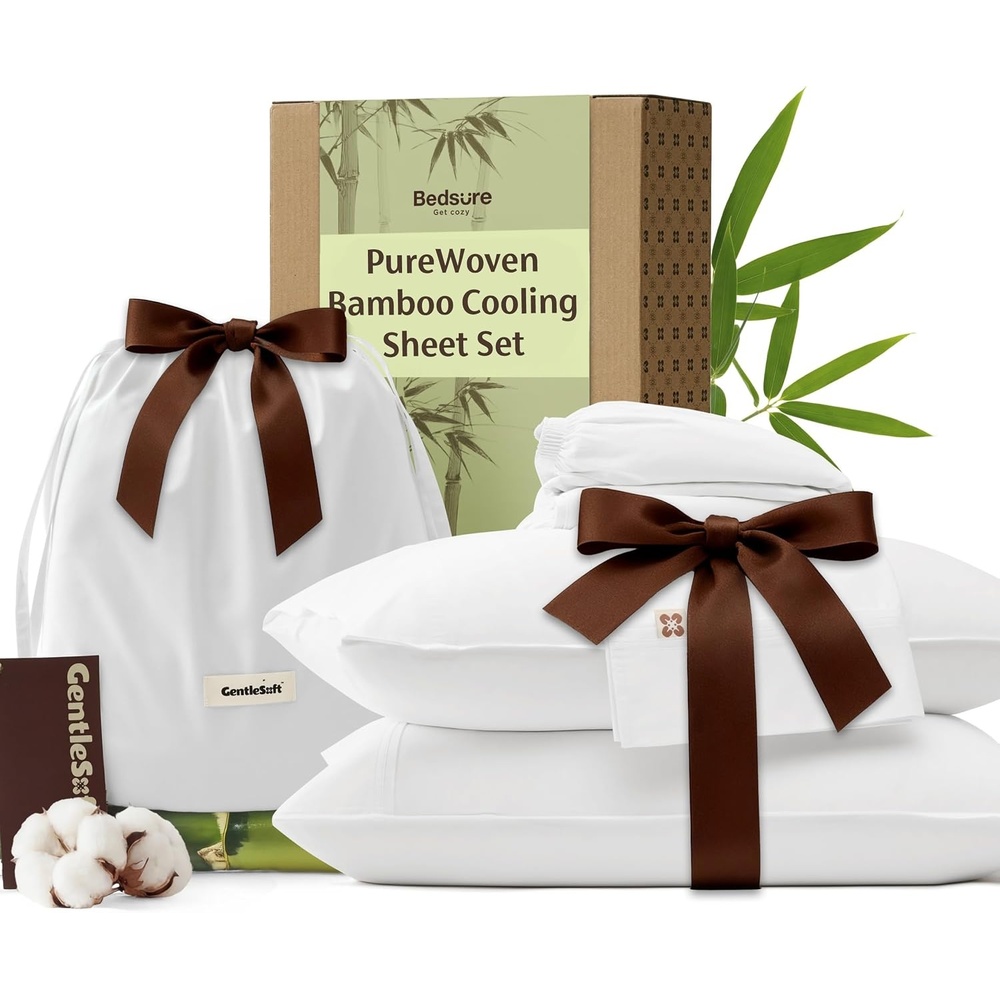 image:imageBedsure PureWoven Bamboo Viscose Cooling Sheets Queen 4 PCS Rayon Cotton Serene Blend Breathable amp Buttery Soft Deep Pocket Up to 18 Hotel Luxury Bedding for Hot Sleepers WhiteWhite