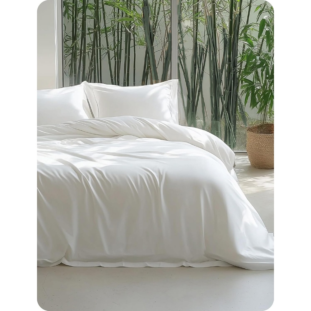 image:imageBedsure PureWoven Cooling Duvet Cover Ideal for Hot Sleepers Queen Size 100 Viscose Derived from Bamboo Lightweight amp Silky Soft Breathable MoistureWicking Bedding Set 3 Pieces Olive Green02 Pure White No Comforter
