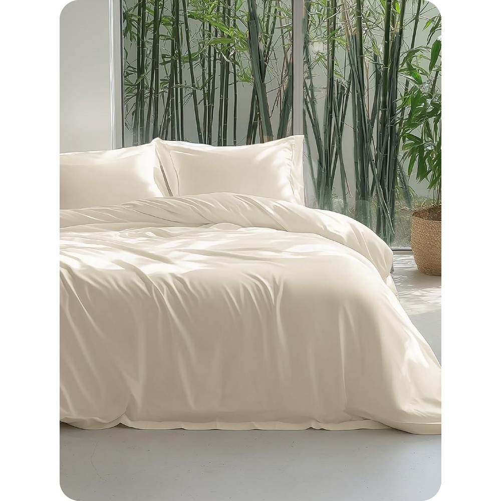 image:imageBedsure PureWoven Cooling Duvet Cover Ideal for Hot Sleepers Queen Size 100 Viscose Derived from Bamboo Lightweight amp Silky Soft Breathable MoistureWicking Bedding Set 3 Pieces Olive Green01 Light Beige No Comforter