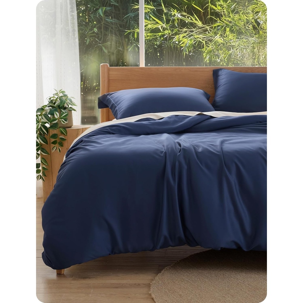 image:imageBedsure PureWoven Cooling Duvet Cover Ideal for Hot Sleepers Queen Size 100 Viscose Derived from Bamboo Lightweight amp Silky Soft Breathable MoistureWicking Bedding Set 3 Pieces Olive Green05 Navy No Comforter