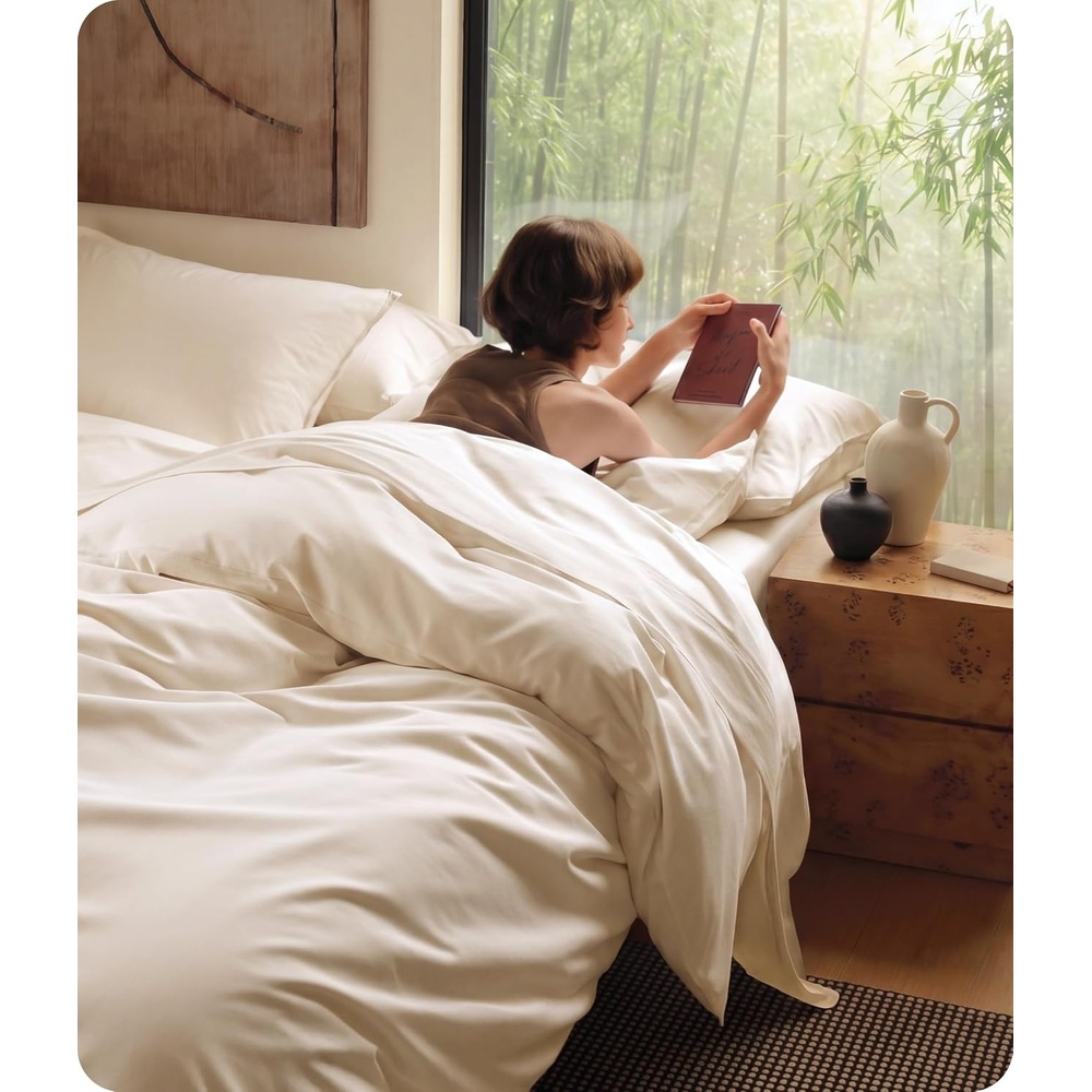 image:imageBedsure PureWoven Cooling Duvet Cover Ideal for Hot Sleepers Queen Size  Cotton Blend Viscose Derived from Bamboo Breathable amp Buttery Soft Hotel Luxury Bedding Set White09  Cooling Beige No Comforter