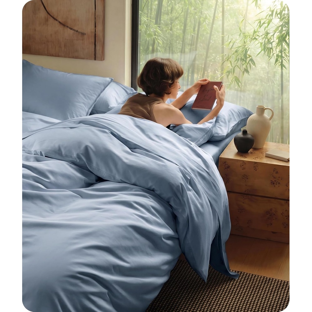 image:imageBedsure PureWoven Cooling Duvet Cover Ideal for Hot Sleepers Queen Size Cotton Blend Viscose Derived from Bamboo Breathable amp Buttery Soft Hotel Luxury Bedding Set White05 Cooling Light Blue No Comforter