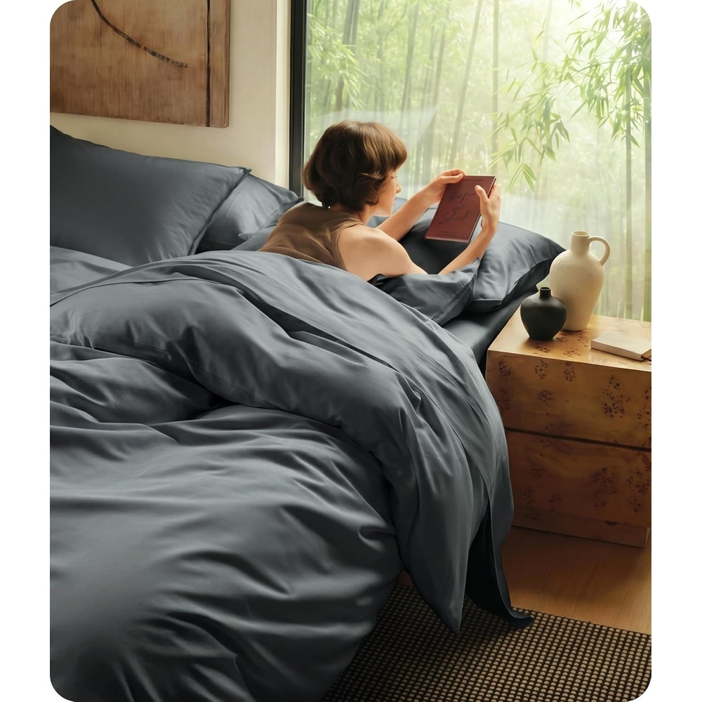 image:imageBedsure PureWoven Cooling Duvet Cover Ideal for Hot Sleepers Queen Size Cotton Blend Viscose Derived from Bamboo Breathable amp Buttery Soft Hotel Luxury Bedding Set White06 Cooling Grey No Comforter