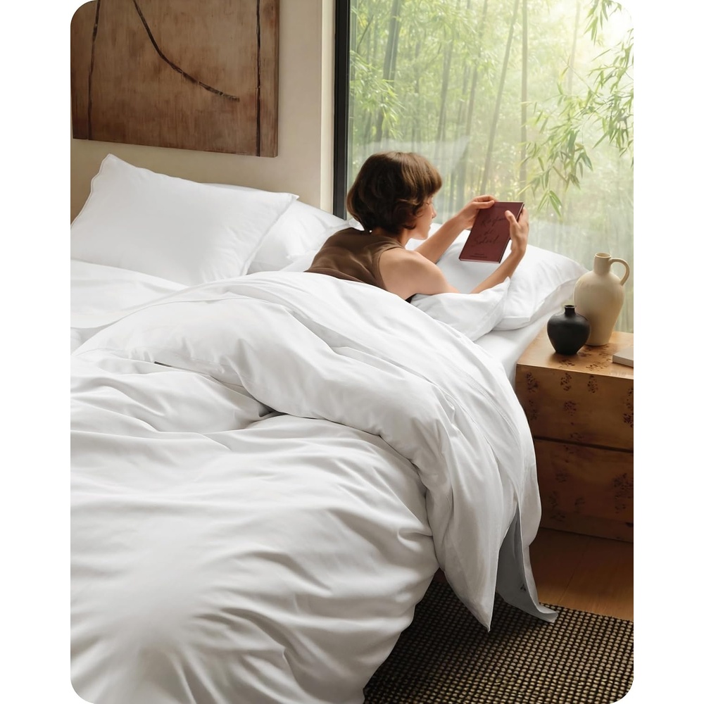 image:imageBedsure PureWoven Cooling Duvet Cover Ideal for Hot Sleepers Queen Size Cotton Blend Viscose Derived from Bamboo Breathable amp Buttery Soft Hotel Luxury Bedding Set White01 Cooling White No Comforter