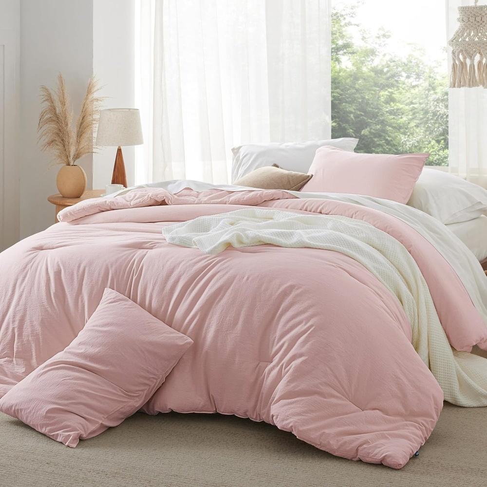 image:imageBedsure PureWoven Cotton Comforter Set Prewashed Queen Grayish Olive Green Cotton Fabric Microfiber Inner Fill Soft Breathable Natural Wrinkle 1 Comforter90 X 90 2 Pillow Shams20x2600 Light Pink