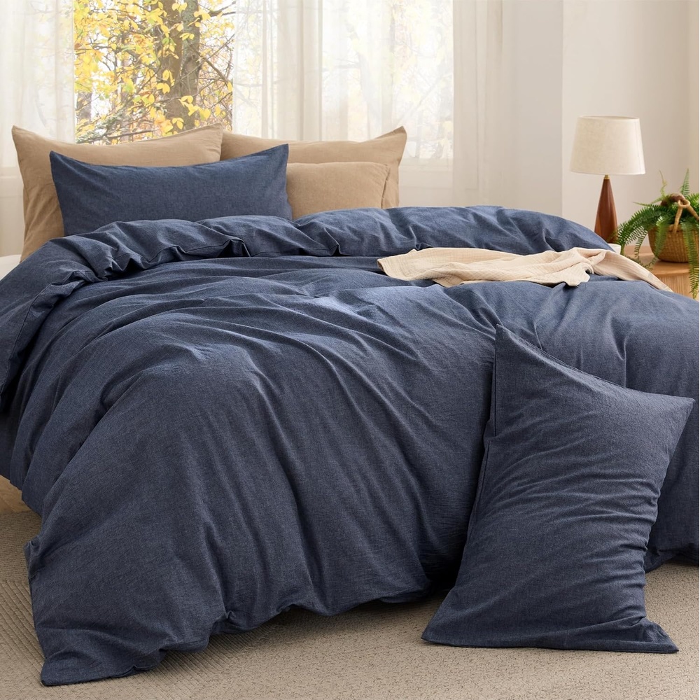 image:imageBedsure PureWoven Cotton Comforter Set Prewashed Queen Grayish Olive Green Cotton Fabric Microfiber Inner Fill Soft Breathable Natural Wrinkle 1 Comforter90 X 90 2 Pillow Shams20x2613 Denim Blue